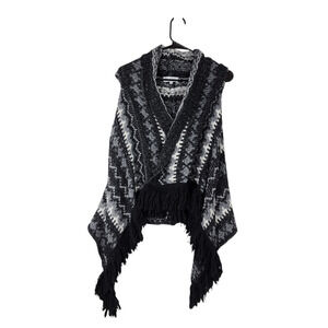 San Lorenzo Womens S Shrug Sweater Shawl Aztec Fringe Black White Wool Alpaca
